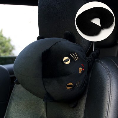 Cartoon U Vorm Auto Nekkussen Memory Foam Transformator Hoofdsteun Ondersteuning Rest Vliegtuig Reizen Kussens Dier Konijn Kikker Varken Beer: black cat