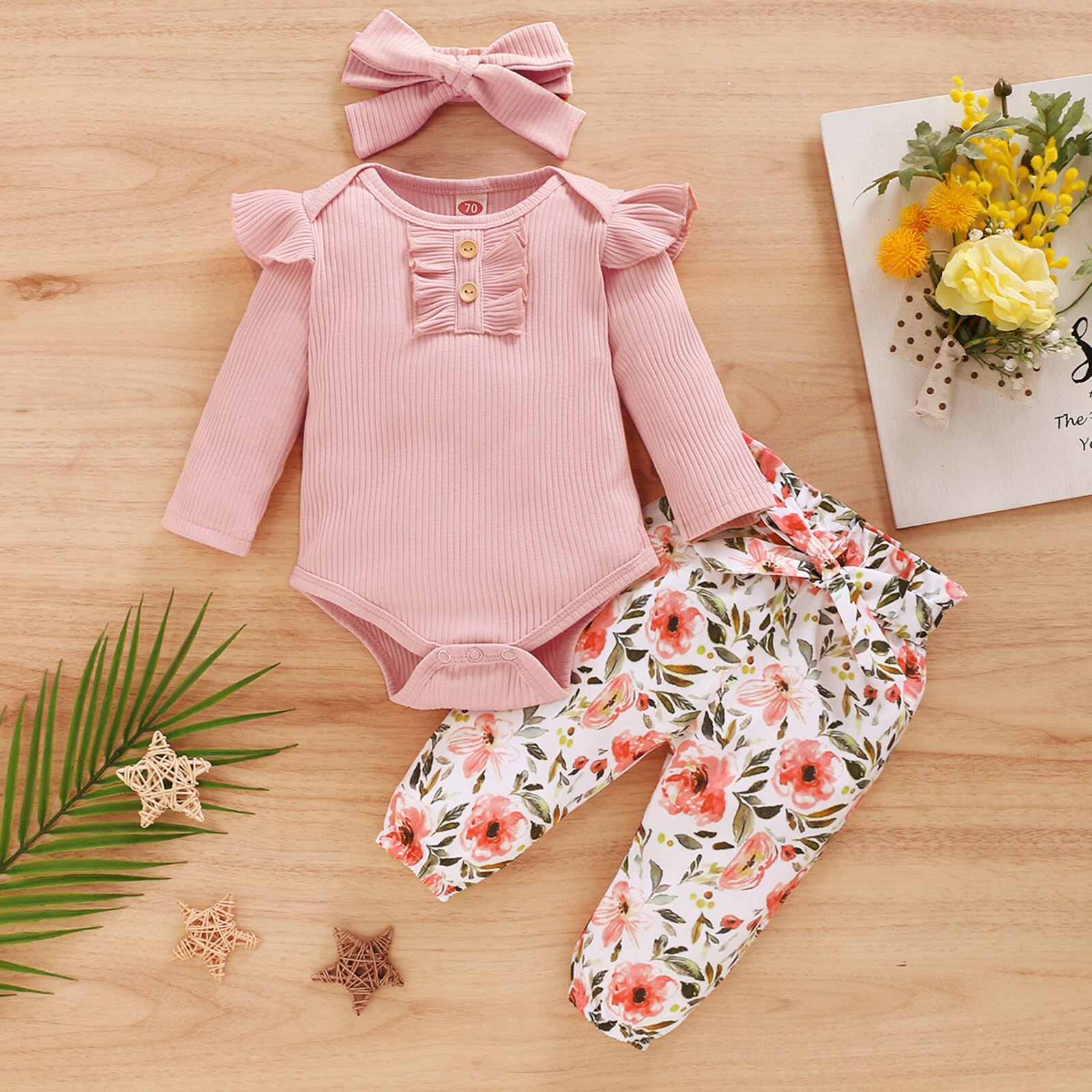 Vêtements pour bébés -né pour filles, barboteuse unie à volants, pantalon Floral, bandeau, vêtements d'hiver