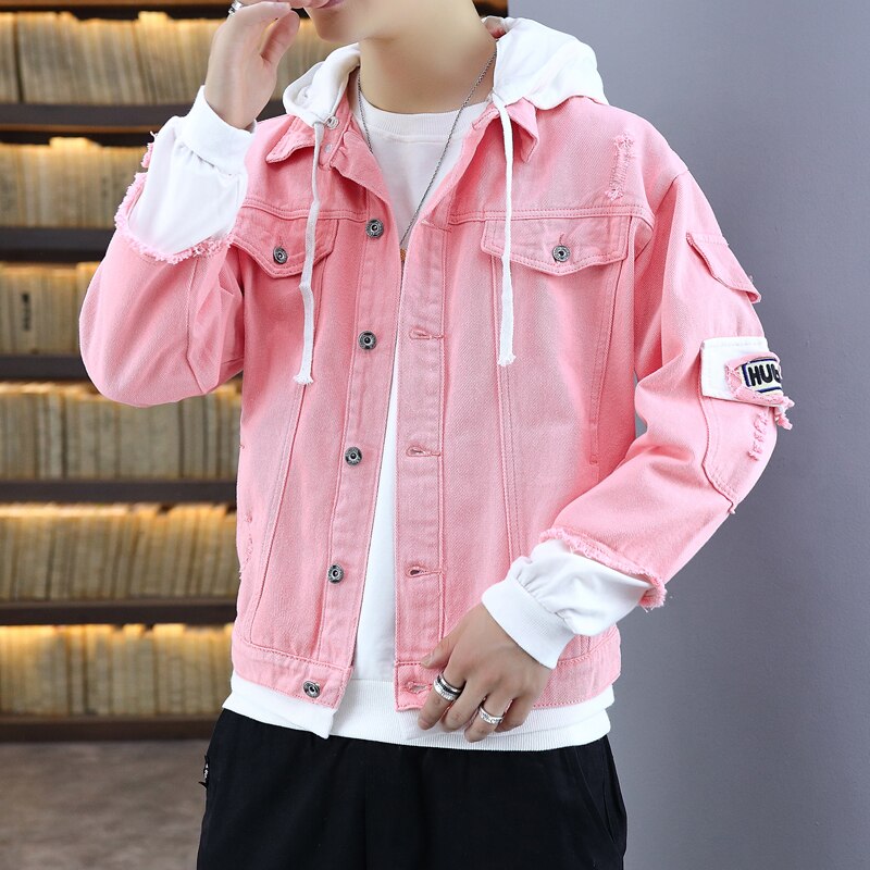 Pink Black Green Jeans Jacket Men Slim Streetwear Ripped Denim Jacket Hoodie Men Hip Hop Bomber Jacket Homme Autumn