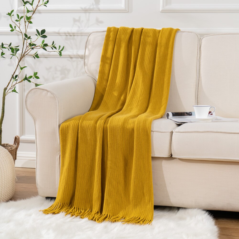 Battlio Home 100% Acrylic Knitted Blanket Thicken Warm Super Soft Throws Blanket Decorative Bed Blanket For Sofa Perfect: Mustard / 125x150cm