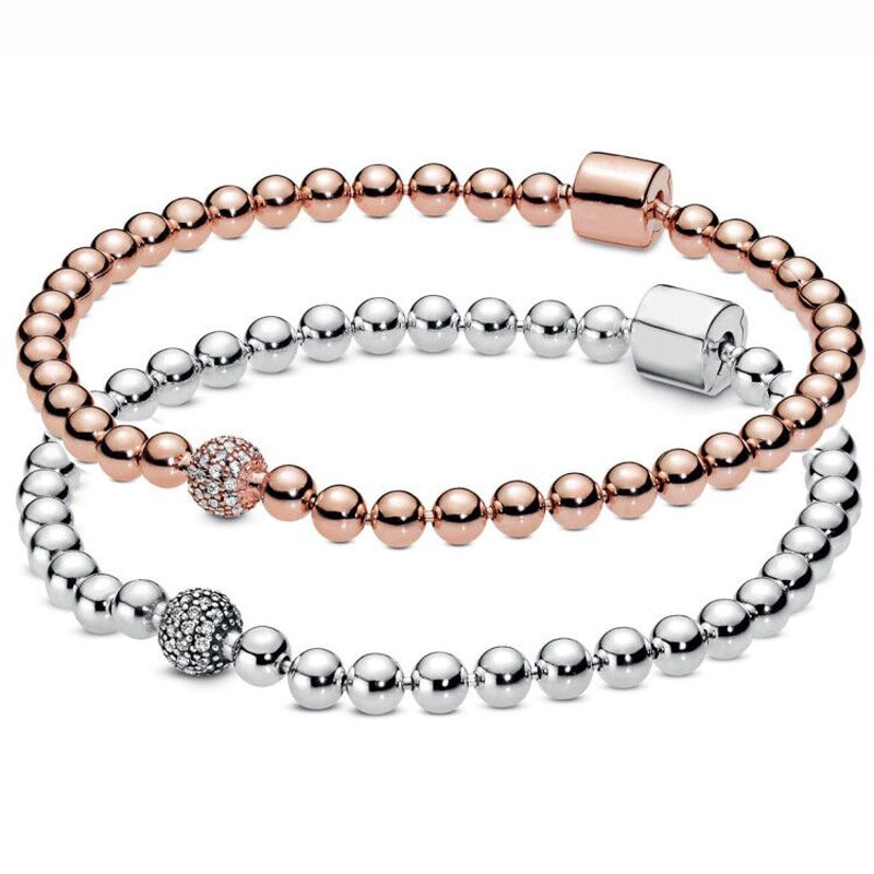 Real Rose Gold Beads & Pave Crystal Sliding 925 Sterling Silver Bracelet Fit Fine Original Bangle Bead Charm Diy Jewelry