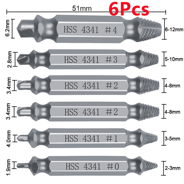 4/6Pcs Damaged Screw Extractor Drill Bit Double Side Drill Out Broken Screw Bolt Remover Extractor Tools Set Easily Take Out+Box: 6Pcs Silver with box