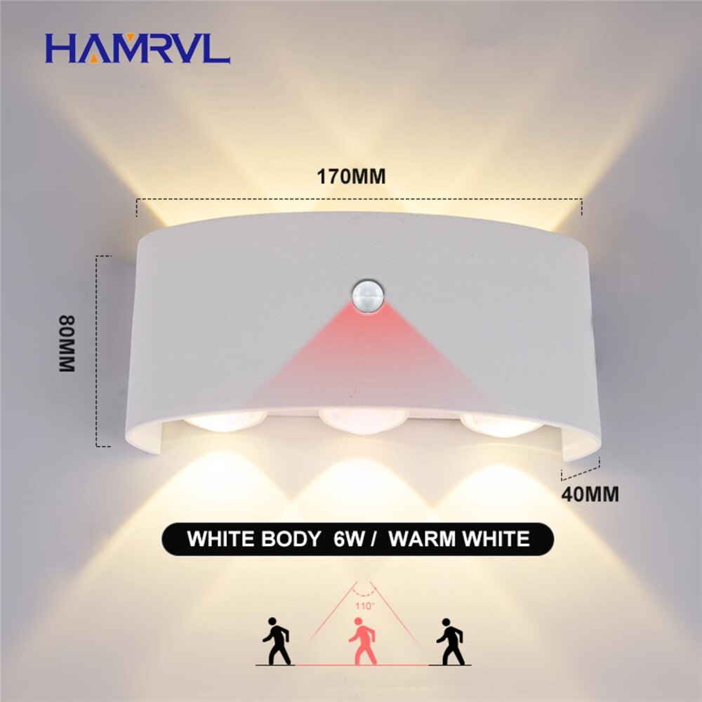 Outdoor Lighting LED PIR Motion Sensor Waterproof Wall Light 8W AC90-260V Modern Wall Lamp Garden Light Fixture Outside Building: 6W White body-Warm