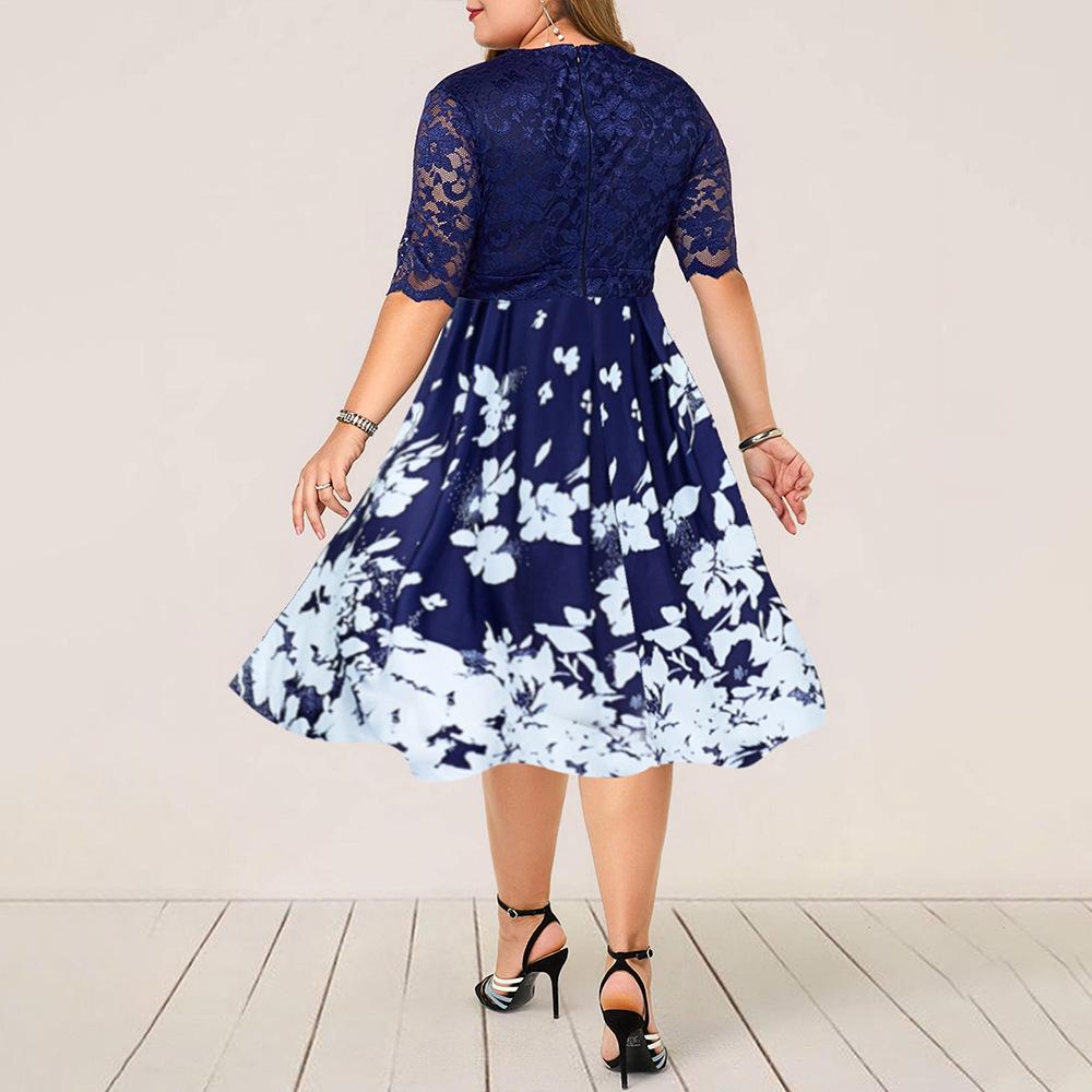5XL 6XL Vrouwen Plus Size Kant Stiching Jurk Sexy V-hals Bloemen Printing Een Lijn Jurk Blauw Vrouwelijke Grote size Party Vestidos