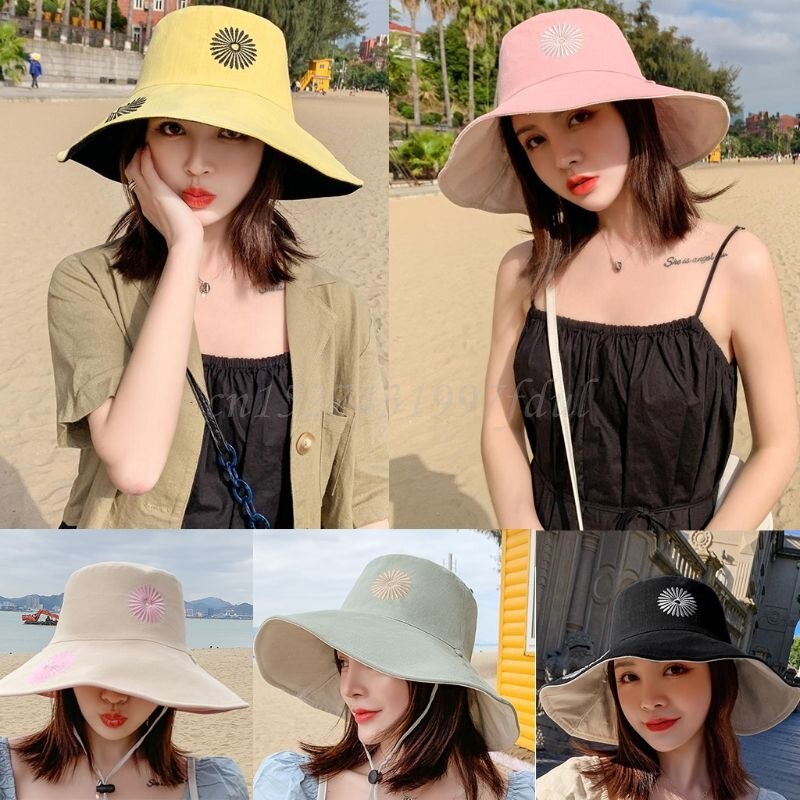 Women Summer Leisure Floppy Beach Sun Hat Reversible Sweet Daisy Sunflower Embroidery Wide Brim UV Protection Bucket Hat