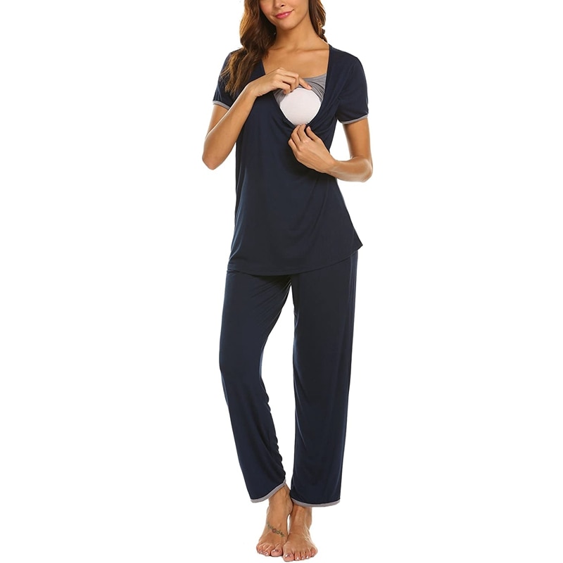 Gravide pyjamas kvinder barsels korte ærmer ammende baby t-shirt toppe+lange bukser pyjamas sæt