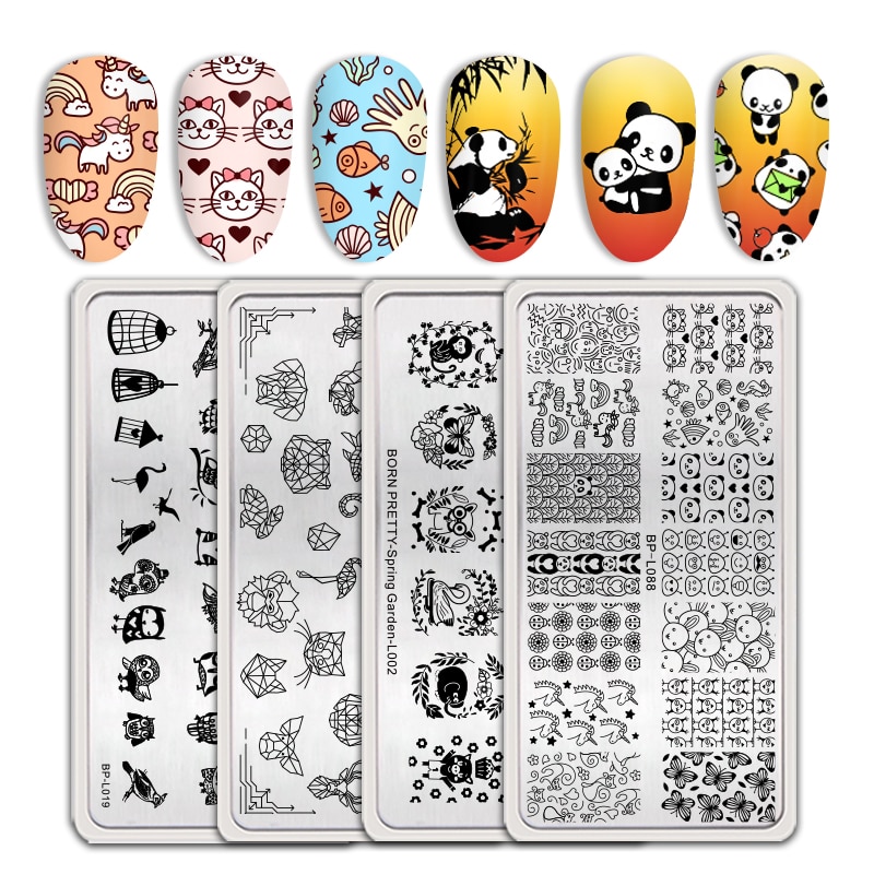 BORN PRETTY-placas para estampación, plantillas de estampado con motivos de animales bonitos, mariposas, manicura rectangular, impresión DIY de placas para uñas