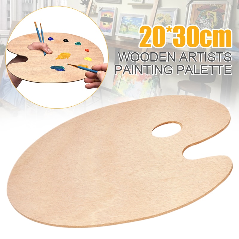 Paleta de pintura de madera lisa bandeja de paleta de dibujo ovalada con agujero para los estudiantes arte de madera suministros artesanías 20cm x 30cm