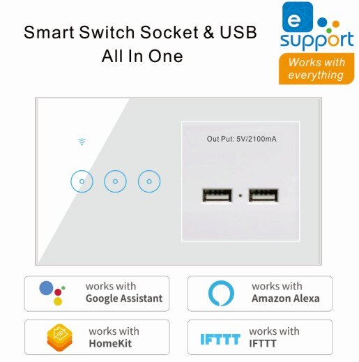2 In 1 Wall Smart Switch Socket Tempered Glass Touching Button Wall Smart Light Controlling Panel