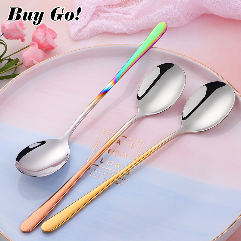 Korean Style Stainless Steel Spoon Long Handle Ice Cream Coffee Dessert Tea Spoon Stirring Spoon Teaspoons Kitchen Tool