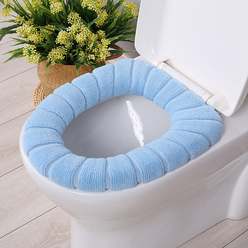Vintervarmt toiletsædebetræk nærskammelmåtte 1 stk vaskbart badeværelsestilbehør strikning ren farve blød o-formet pude toiletsæde: Blå