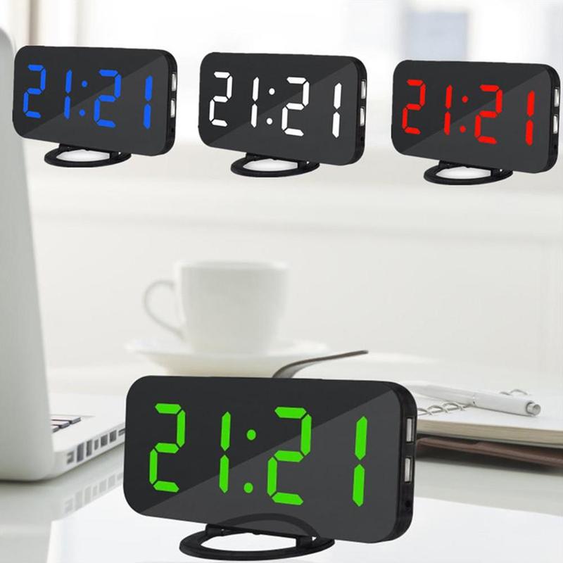 Reloj despertador Digital LED para móvil, espejo con pantalla Led nocturna, 2 puertos de carga USB para iphone, herramienta de teléfono Android, 1 unidad