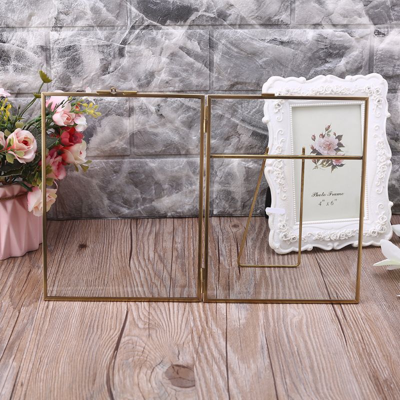 Gold Floating Metal Glass Photo Frame Desktop Wedding Pictures Portrait Display Holder Home Office Decoration Freestanding