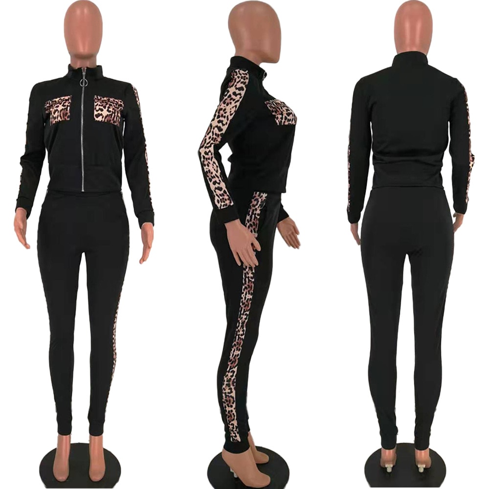 Leopard Winter Causal Women's set Tracksuit Full Sleeve Sweatshirt Zipper Coat Pencil Pants Plus Size Suit Two Piece Set Outfits