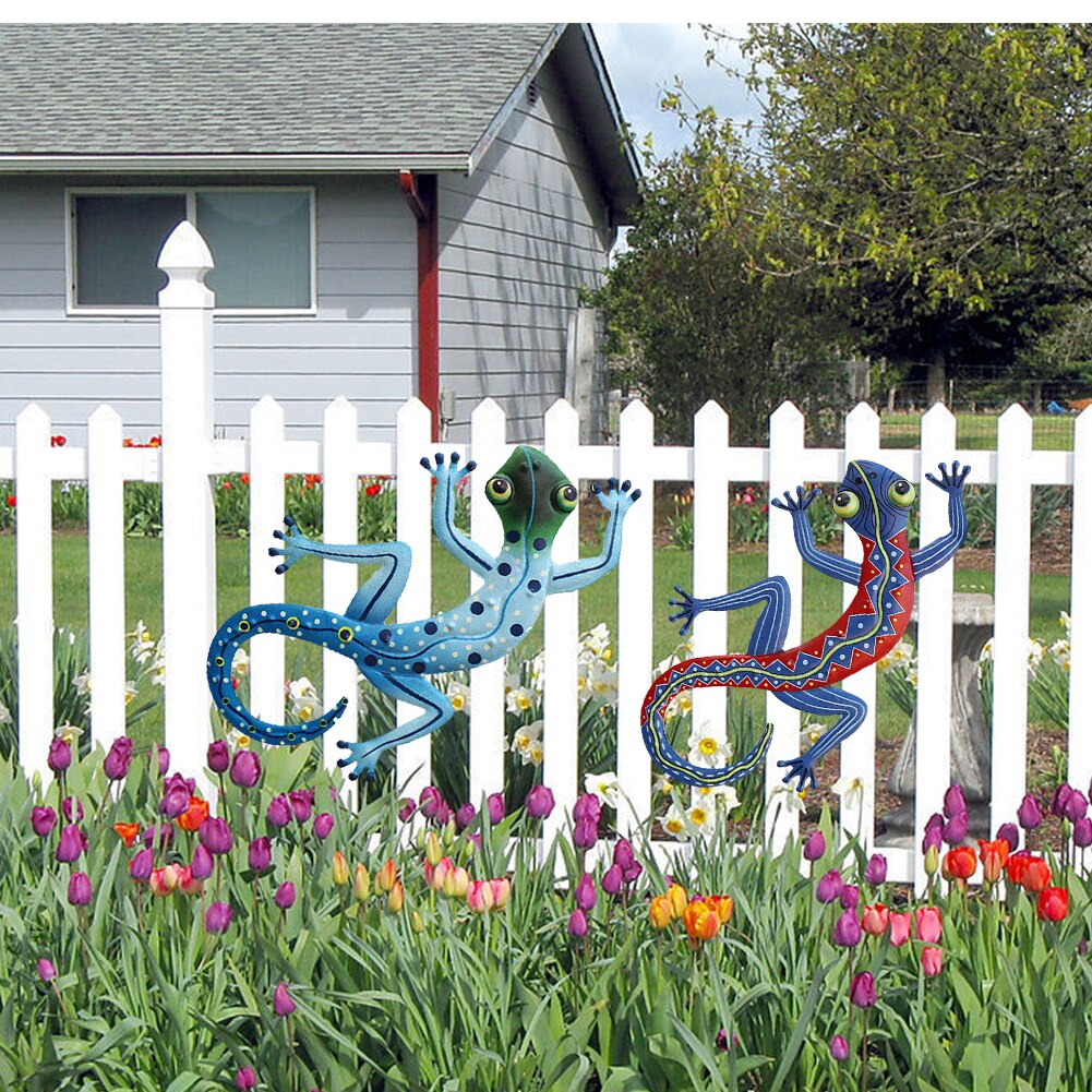 2 Pcs Art Metal Gecko Hek Handgemaakte Kids Kleine Standbeeld Muur Decoratie Tuin Yard Outdoor Sculptuur Craft Hagedis Thuis
