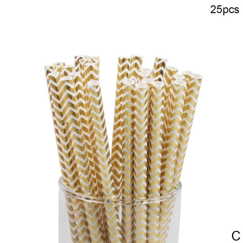 50pcs Gold foil Disposable Paper Straw Christmas Wedding Cartoon Birthday Supplies Party Degradable Juice Drink Straw Kids G2M4: C