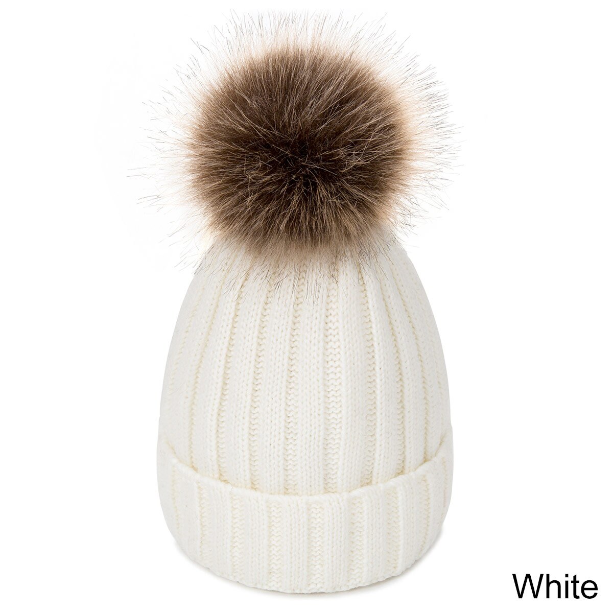 Evrfelan Bommel Wolle Winter Hütte Frauen Gestrickte Dicke Mütze Hüte für Damen Warme Schädeldecke Beanies Mädchen Motorhaube Gorro: Weiß