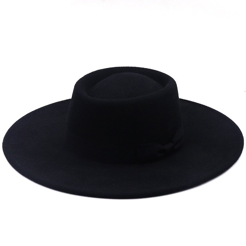 9.5 Cm Wide Brim Plain Black Flat Top Hat Boater Women Wool Fedora Felt Hats with Bowknot Vintage Church Wedding Panama Cap: black