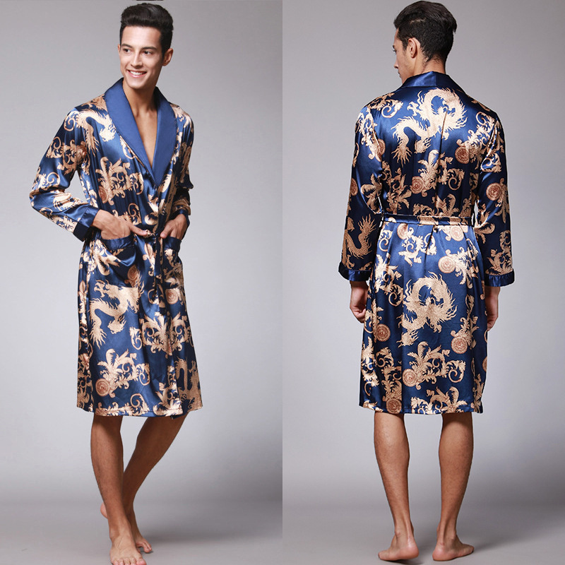 Mannen Zomer Herfst Kimono Badjas Zijde Satijn Gouden Draak Lange Badjas Kamerjas Knielengte Zwarte Nachtkleding: XL / Black