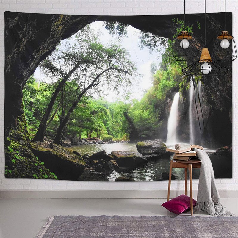 Large Beautiful Nature Scenery Forest Waterfall Wall Tapestry Psychedelic Forest Waterfall Home Wall Hanging Tapestries Yoga Mat