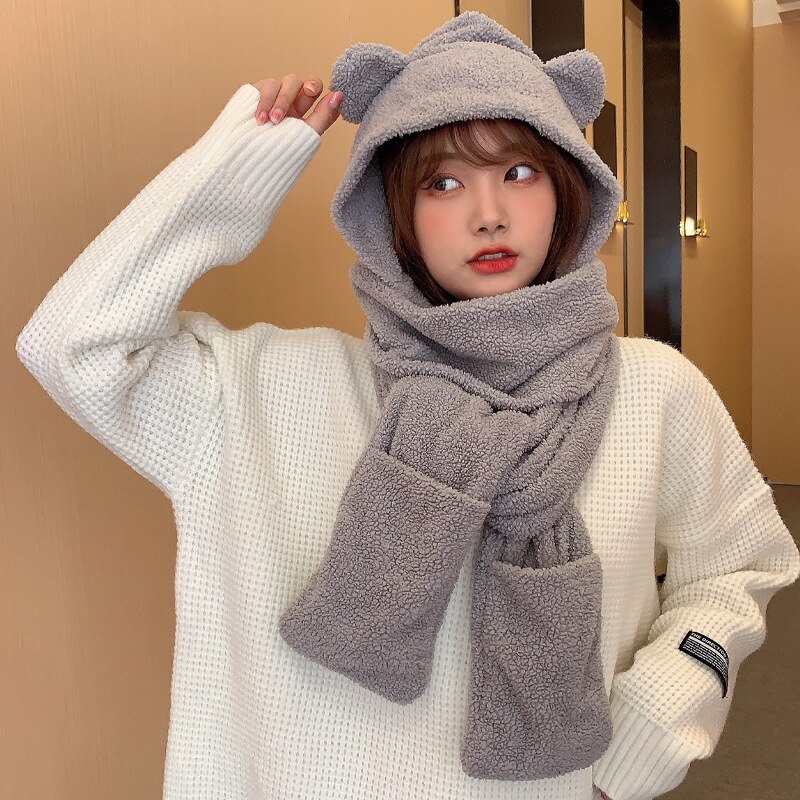 Korean Women Fluffy Plush Warm 3 In 1 Hooded Scarf Hat Gloves Set Cute Cartoon Cat Ears One-Piece Winter Windproof Earflap Cap