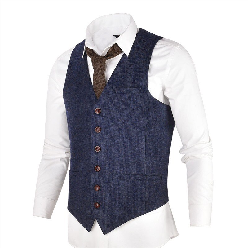 VOBOOM Wool Tweed Mens Waistcoat Single-breasted Herringbone Slim Fitted Suit Vests 007: Navy Blue / M