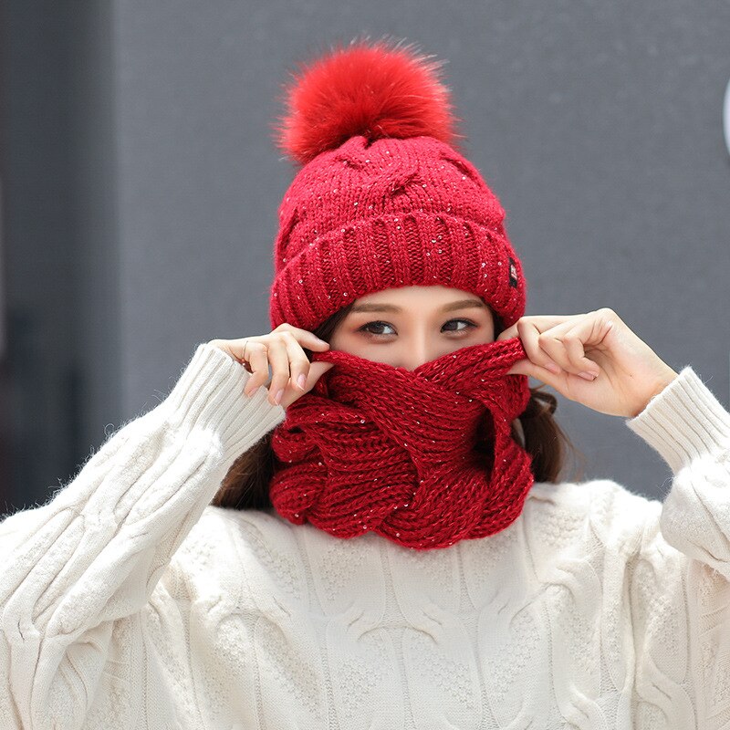 Conjunto de gorro y bufanda de invierno, gorros de punto grueso para mujer, gorro, bufanda para niñas, gorro de Pom Beain, sombreros de color sólido