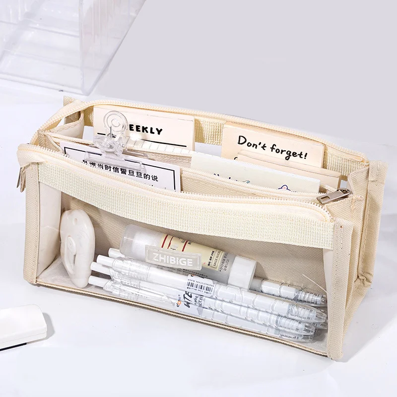 6 Layers Large Capacity Pencils Bag Aesthetic Pen Stationery Supplies Transparent Zipper Pouch for School Girl Pen Case: Beige