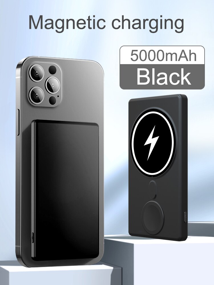 Powerbank Portable power bankWireless External battery Magnetic External battery fast charge Portable battery telephone portable: Black-5000mAh