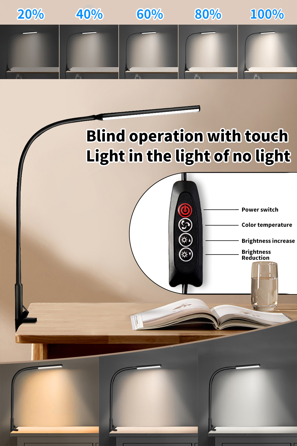 Lampada da scrivania a LED Braccio oscillante alimentato tramite USB Morsetto flessibile a collo di cigno Luce da architetto dimmerabile con 3 modalità colore per leggere e lavorare