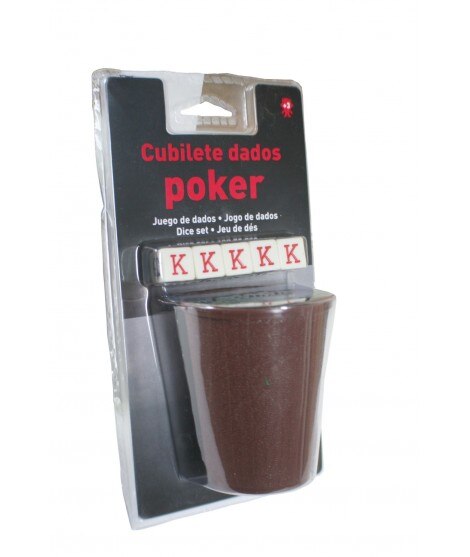 Cubilete con cinco dados para juego de póker. Medidas: 9xØ7 cm.