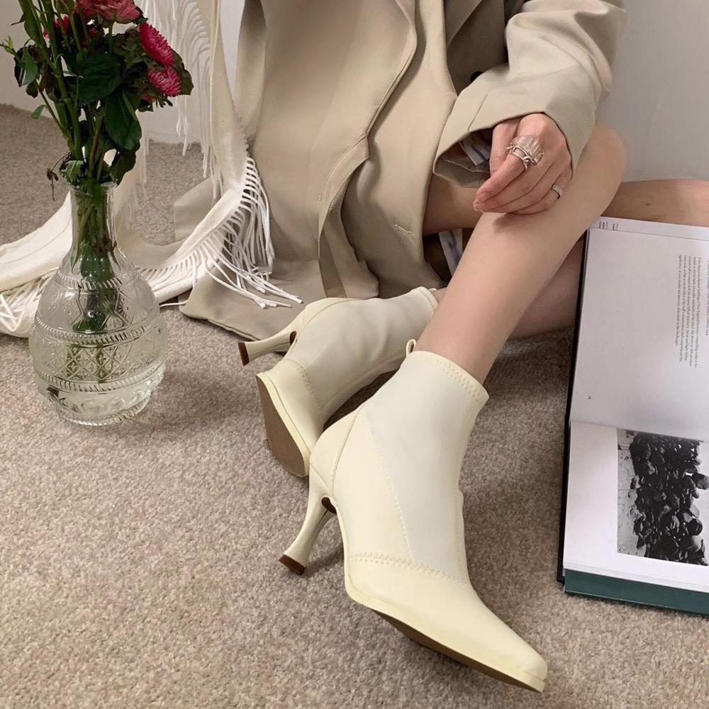 Spidse tå kvinder ankelstøvler sok støvletter dame rhinestone slip on tynde høje hæle pumps vinterstøvler