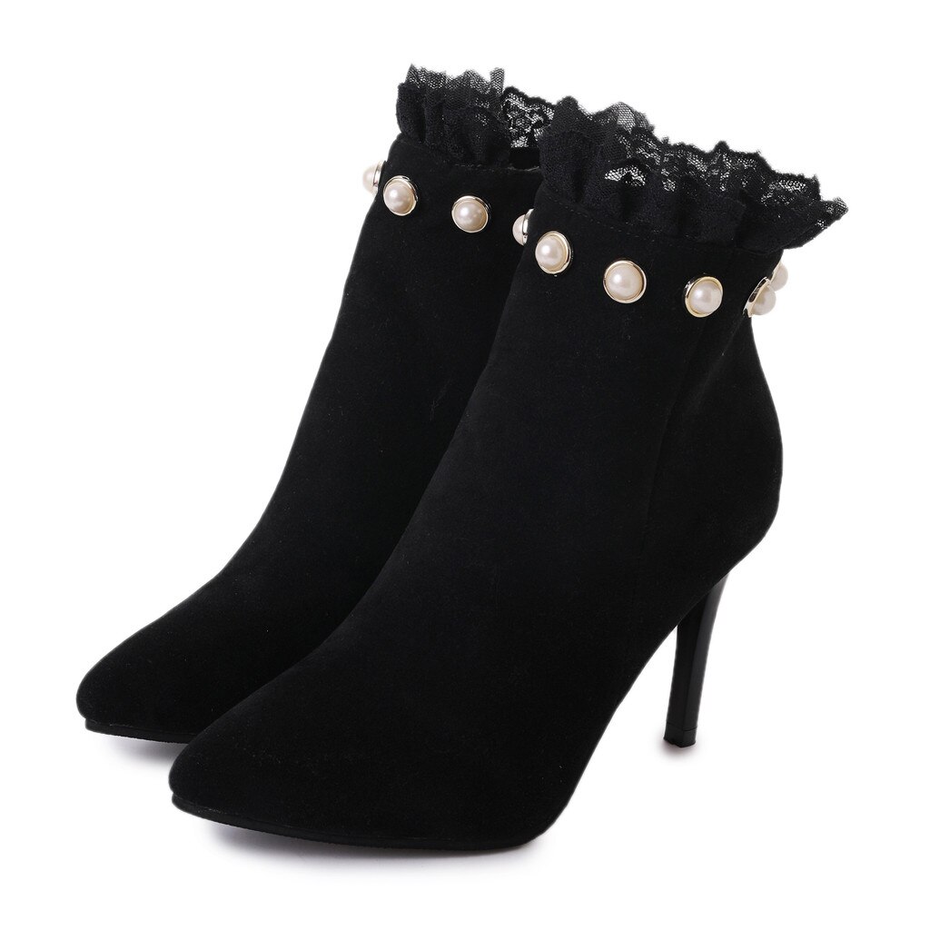 Botas elegantes de encaje para Mujer, Botines de tacón de lujo, aterciopelados, cortas, de , con perlas y punta estrecha, color negro,