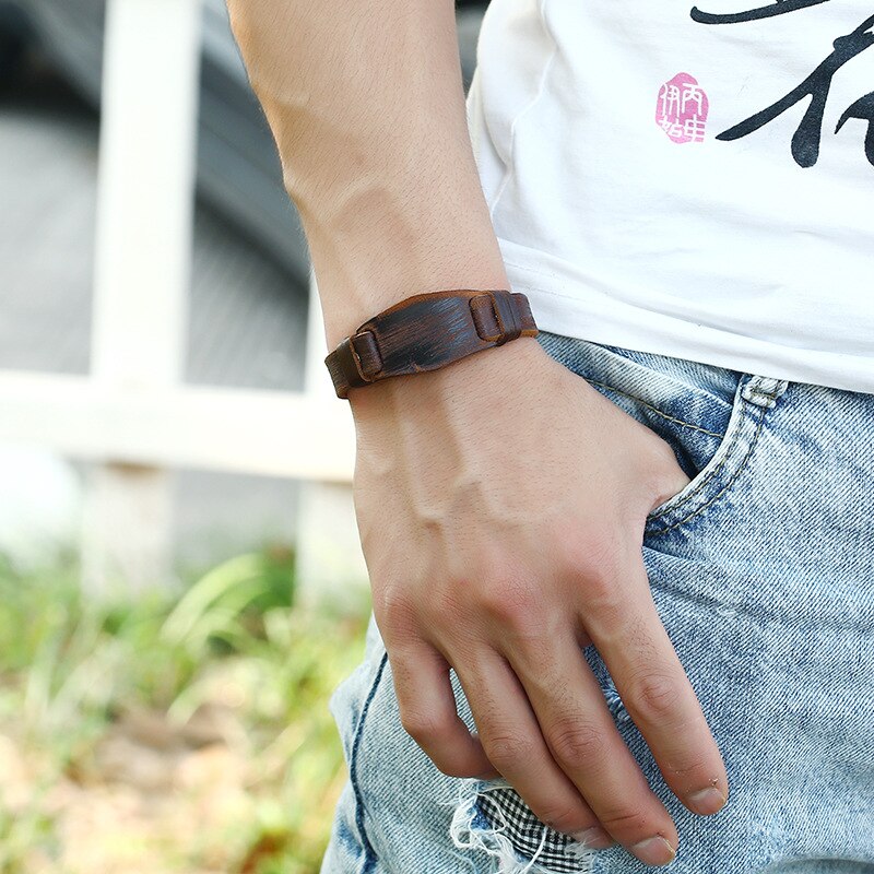 Bracelet en cuir marron pour hommes et femmes, bijoux Vintage, large, à la