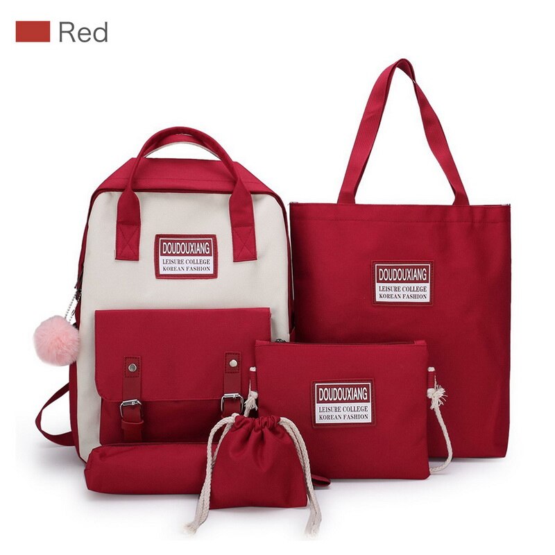 5 pçs/set mulheres mochila adolescente meninas corrente usb sacos de lona mochilas bolsa ombro feminino estudante sacos escola borla: 5pcs Red