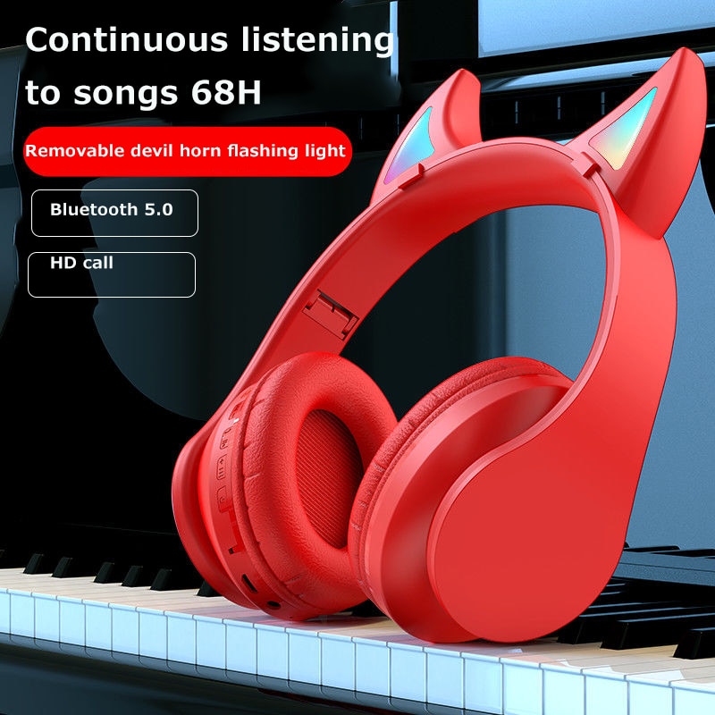 Glowing Devil Ear Headphones - LED Wireless HIFI Stereo Bass with Mic - Kids Headset