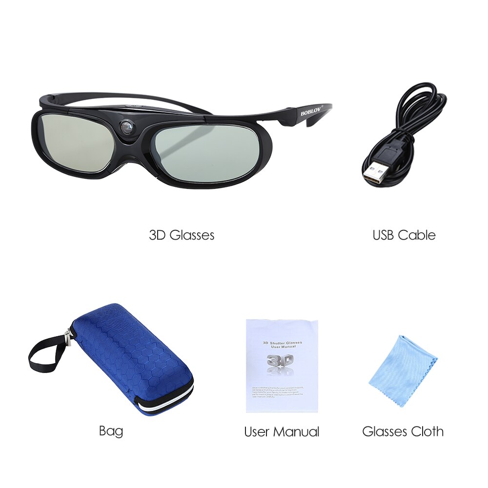 2 pièces BOBLOV obturateur actif lunettes 3D dlp-link USB bleu Compatible BenQ W1070 W700 Dell projecteur lunettes 3D pour projecteur DLP