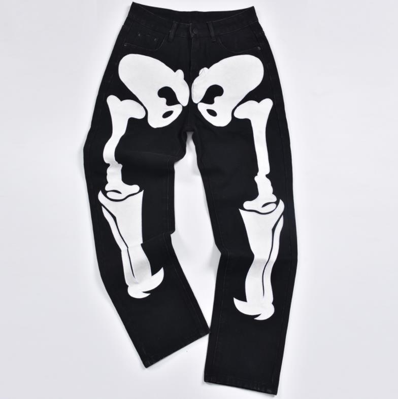 Vrouwen Halloween Bone Printing Jeans Stijlvolle Vrouwen Black Skeleton Gedrukt Patroon Mid-Taille Broek Denim Broek: Xl