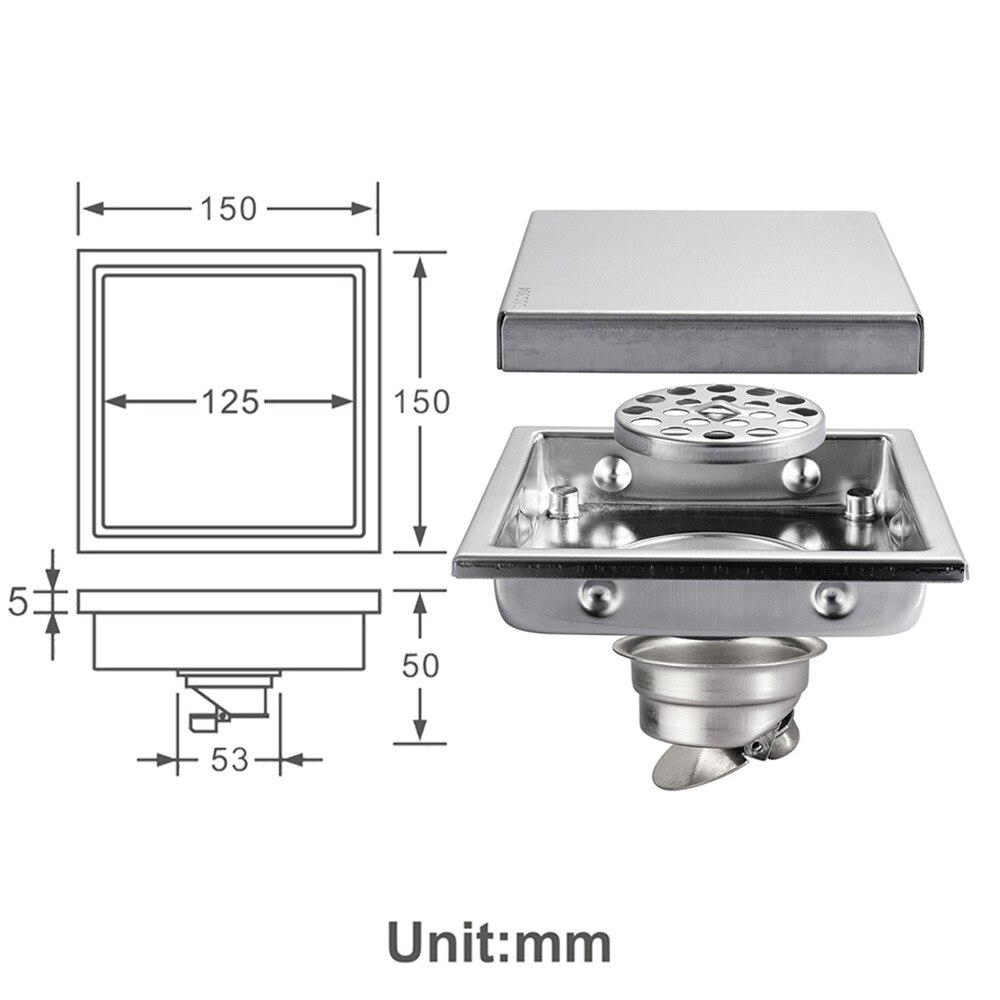 Stainless Steel Floor Drain 150mm Large Displacement Hidden Tileable Deodorant Floor Drain Floor Drain DyuIhr: Q150x150mm