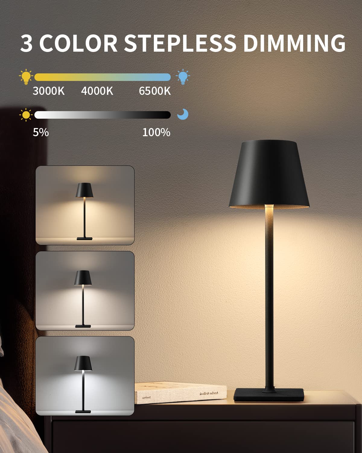 Lampada da tavolo per protezione degli occhi a LED a 3 temperature di colore, regolazione continua, controllo touch, pastella ricaricabile per sala da pranzo/soggiorno