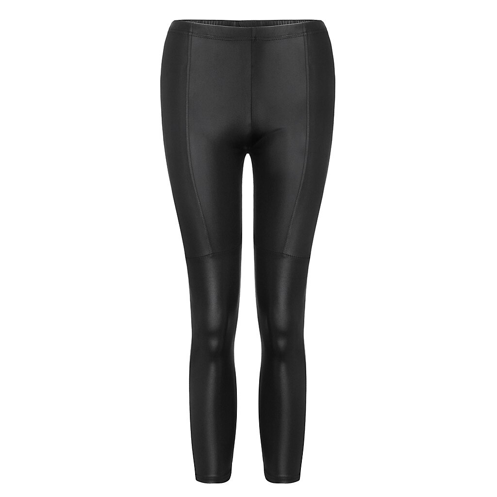 Kvinder bukser tynd imiteret læder splejset høj talje sømløse leggings push up leggings slanke bukser ni læderbukser #40: Sort / M