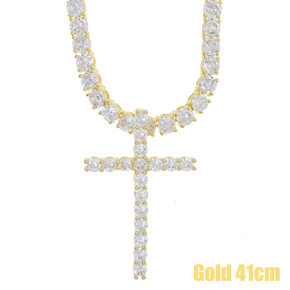 Iced out bling women girl jewelry hiphop bling 5A cubic zirconia cz tennis chain 30*50mm cross pendant choker necklace: gold set 41cm