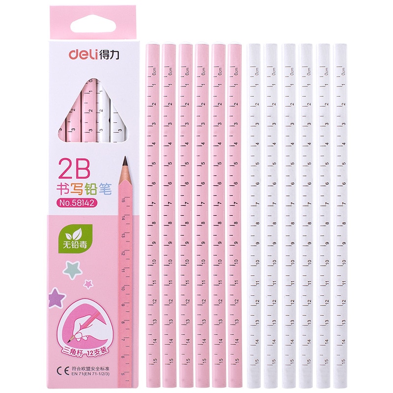 12 Stks/doos Kawaii Cartoon Driehoek 2B Potlood Met Heerser Creatief Schrijven Tekening Potlood Voor Kid Student Briefpapier Leveringen: pink