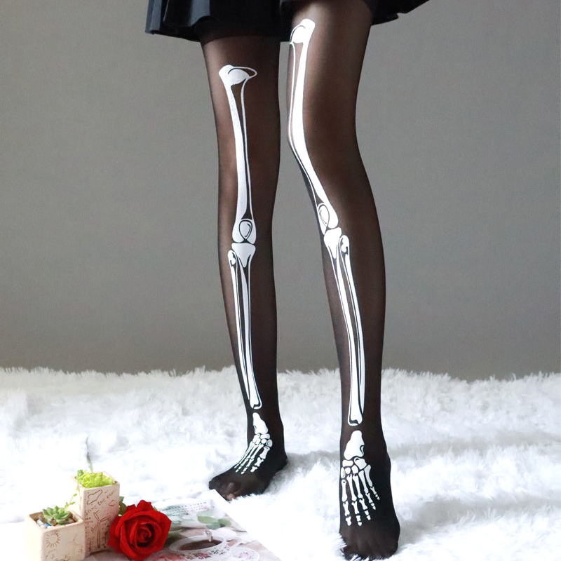 Halloween preto crânio impressão meias meias sexy mulheres meia-calça leggings para cosplay clube festa harajuku estilo acessórios