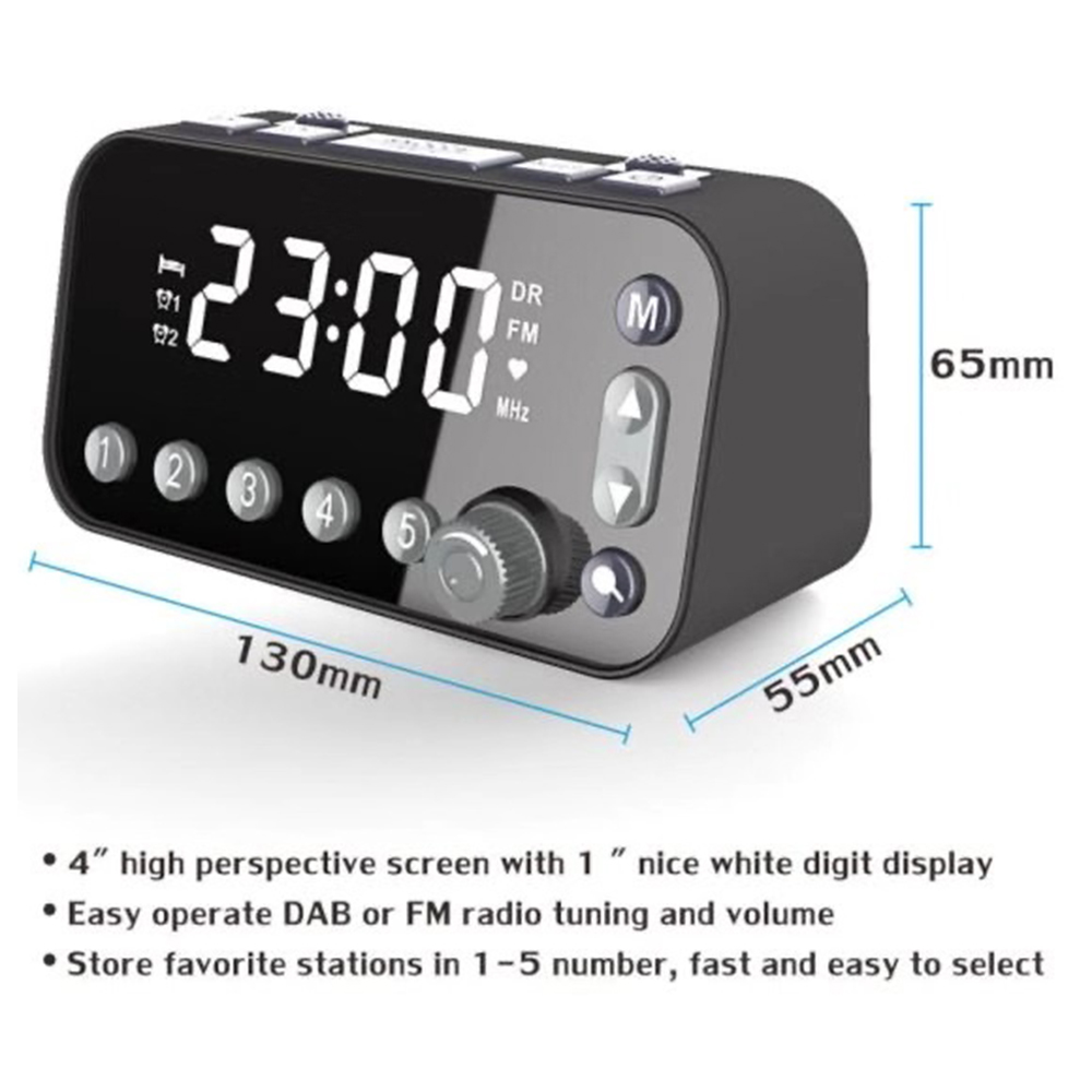 Dual USB Port Digital Alarm Clock DAB & FM Alarm Clock Radio LCD Backlight Sleep Timer for Office Bedroom Travel