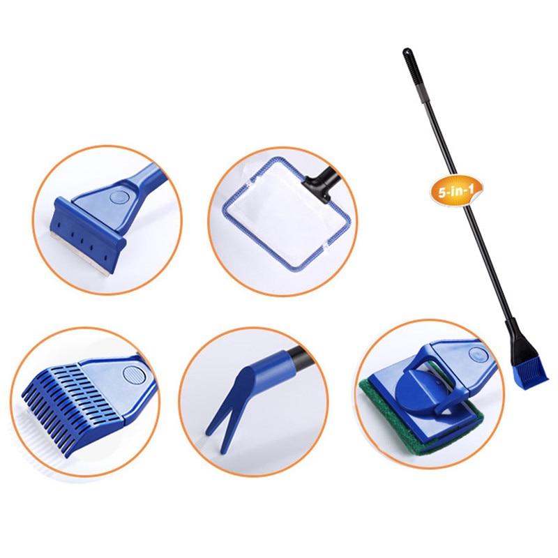 Aquarium 5 in 1 Tank Clean Set Aquarium Cleaner Fish Net Scraper Sponge Cleaning Tool Kit Algae Fish Tank