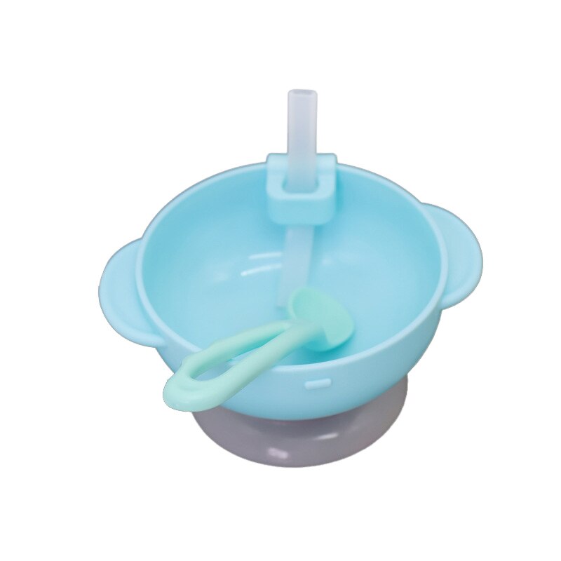Tazón auxiliar de comida para bebé de dibujos animados, juego de ventosas anticaídas, hebilla de ventosa, tubo de succión, cuchara torcida, resistente a roturas: green