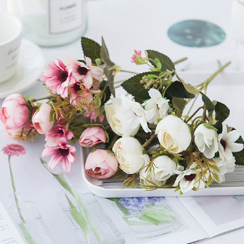 Sztuczne kwiaty róże herbaciane bukiet ślubny wazony robić dekoracji wnętrz akcesoria garnki ślubne dekoracje kwiatowe sztuczne rośliny