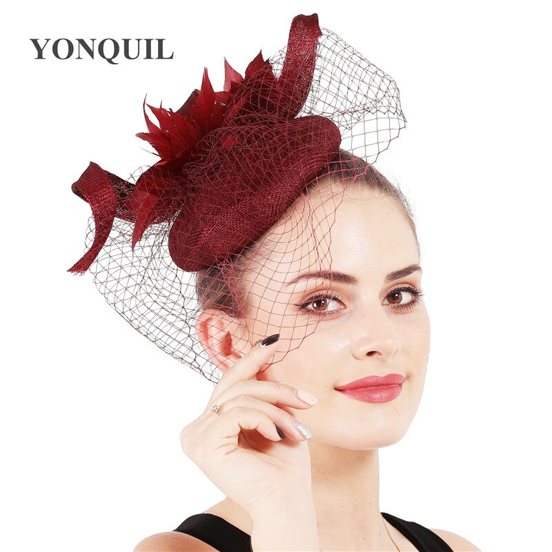 4- lags sinamay bruden bryllup fascinator lue mesh hodeplagg lin ekteskap lue kvinner garn hår tilbehør: Marron