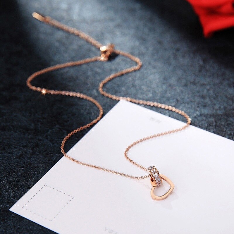 316L Stainless Steel Fashion Fine Jewelry Circle Zircon Love Heart Charms Chain Choker Collier Necklaces &amp; Pendants For Women